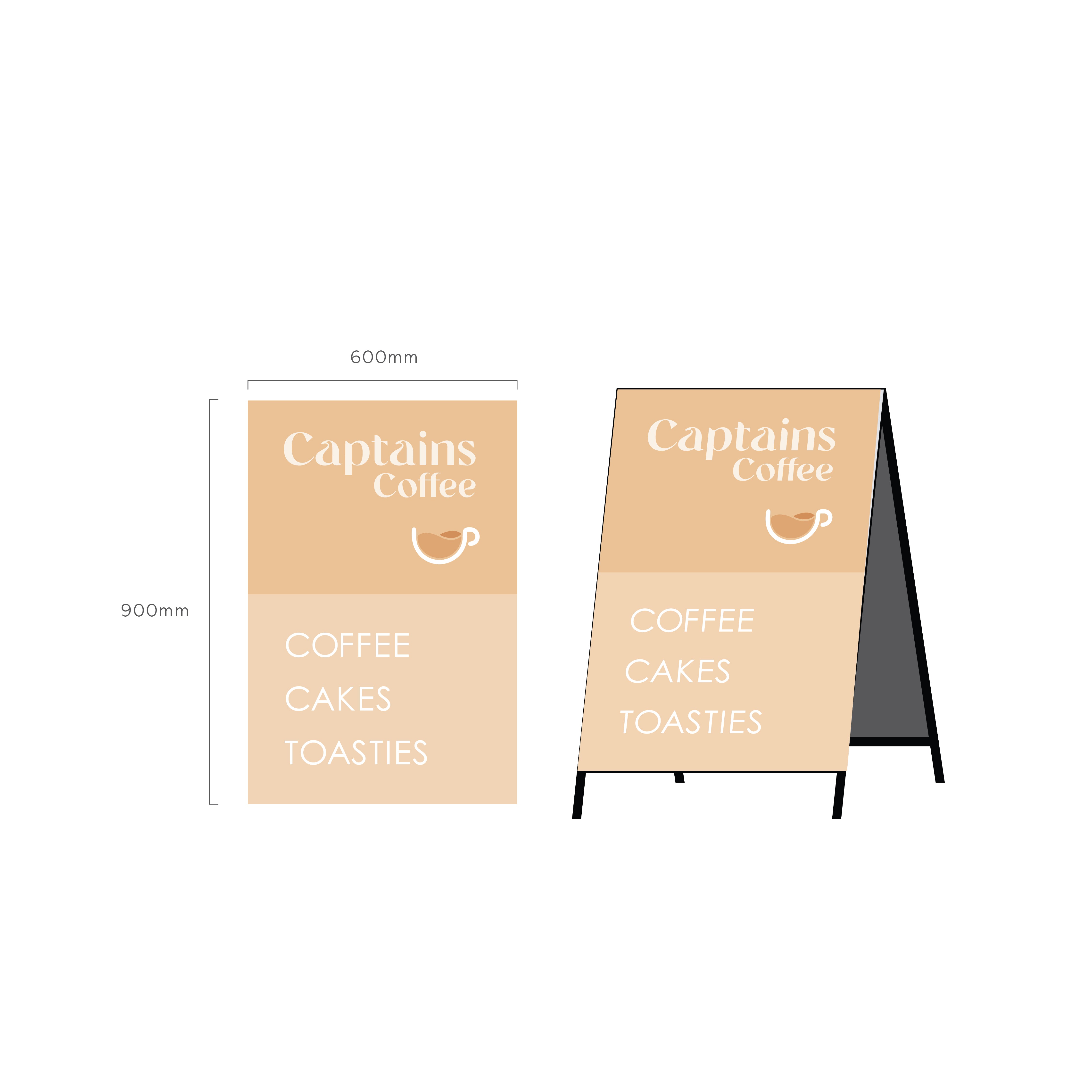 Two A-frame signs for 'Captains Coffee', one standing and one flat, on a white background by Saltwater Sign Co.