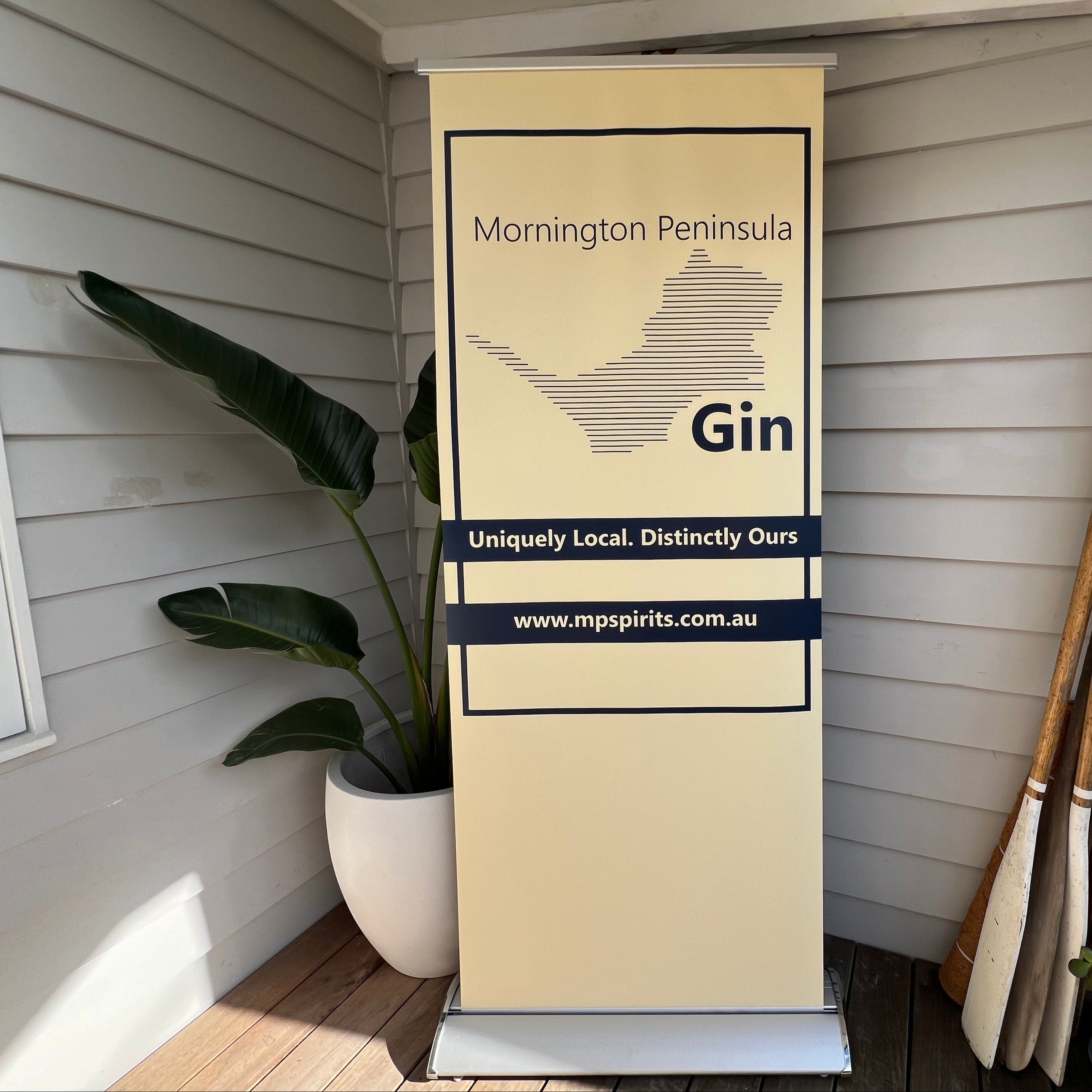 Mornington Peninsula Gin Pull Up Banner Sitting on display by Saltwater Sign Co. 