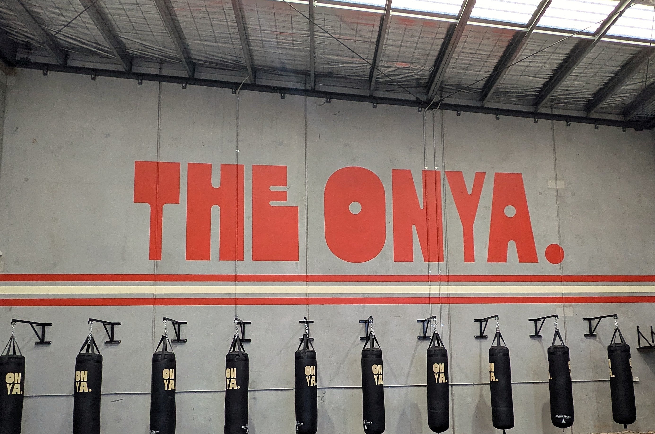 Wall with 'THE ONYA' branding and hanging punching bags in a gym setting.